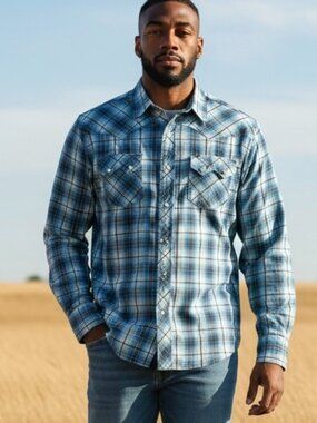 Wrangler Blue‎ Plaid Men's  XXL Long Sleeve Western Pearl Snap